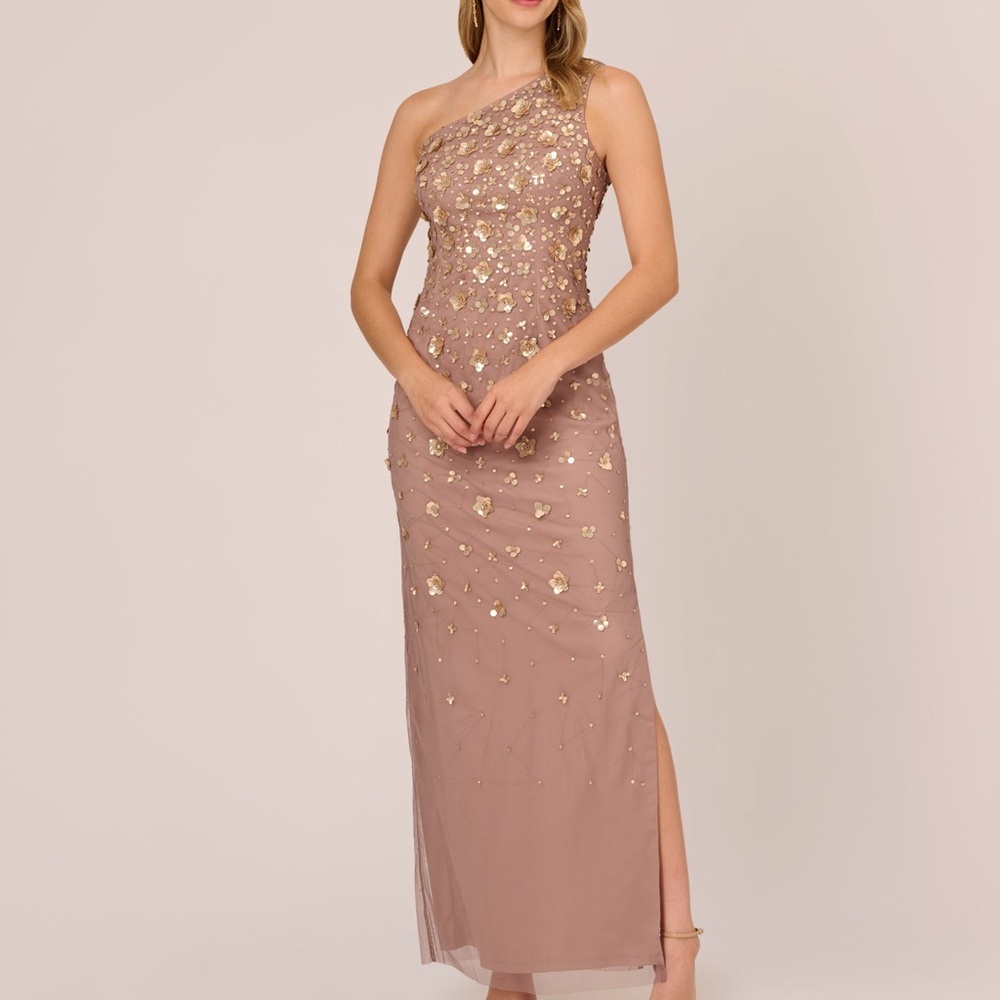 Adrianna Papell Mauve One Shoulder Dress with Gold Details